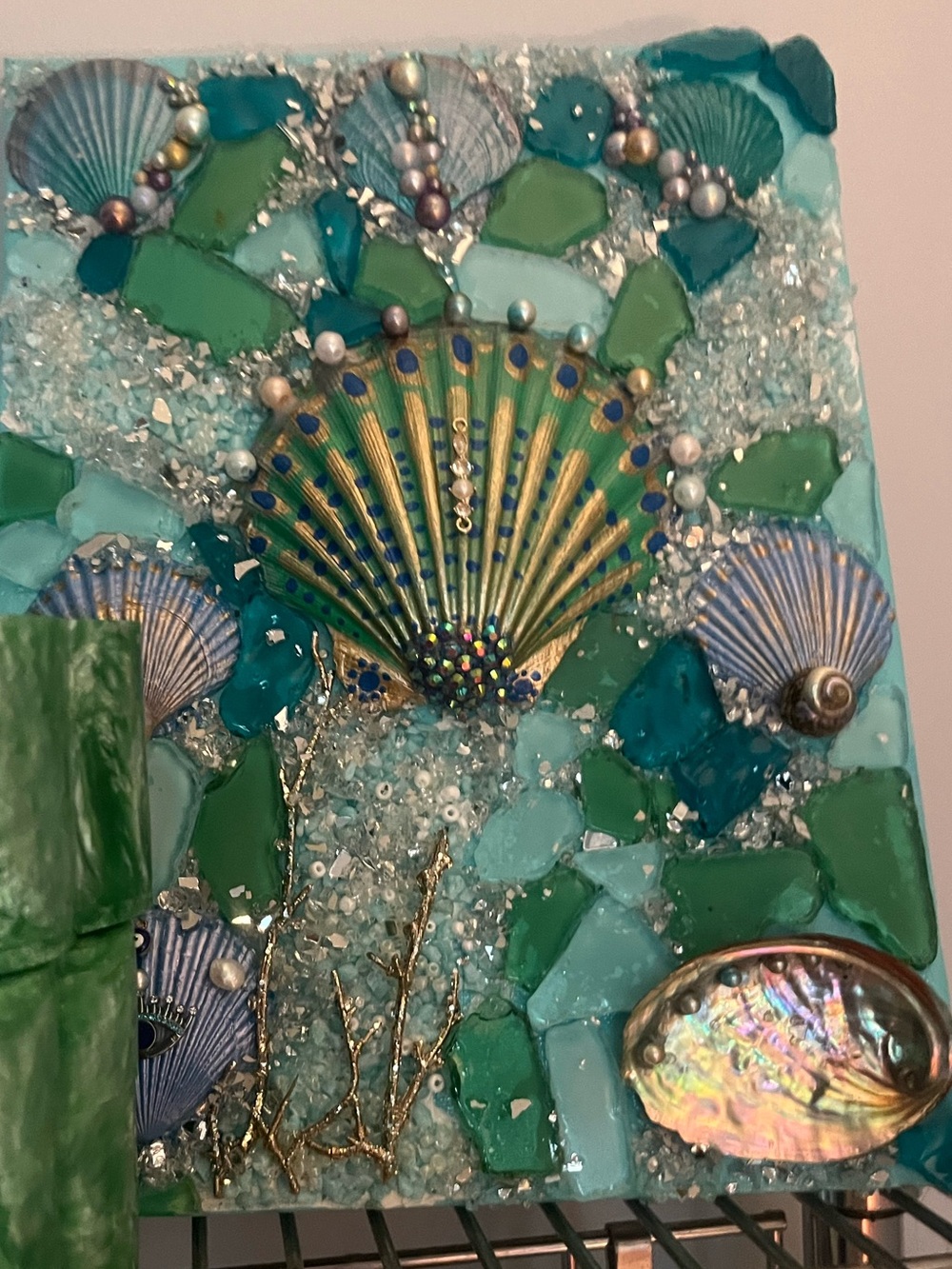 Mixed seashell media Handmade Seashell Mosaic canvas art w/jewels,seaglass